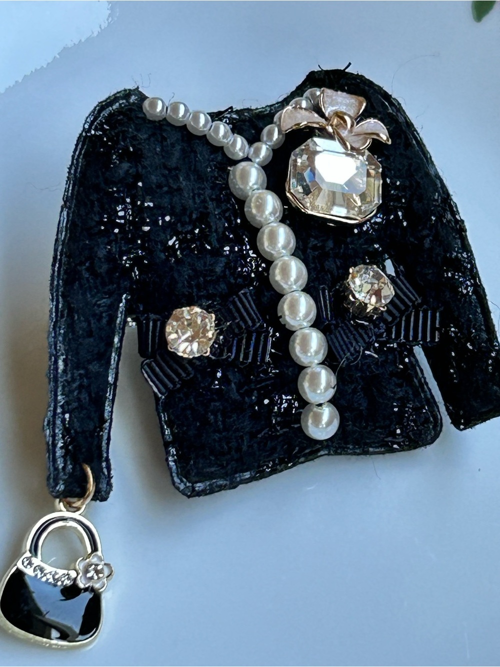 Black Jacket Brooch with Pearls & Crystals enamel purse charm pin or hair clip